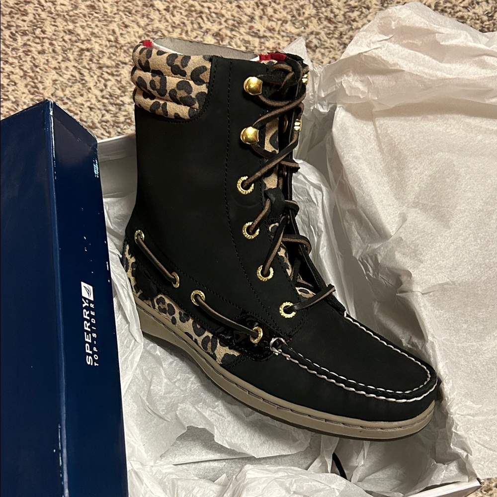 Sperry Black and Leopard Print High-Top Boots